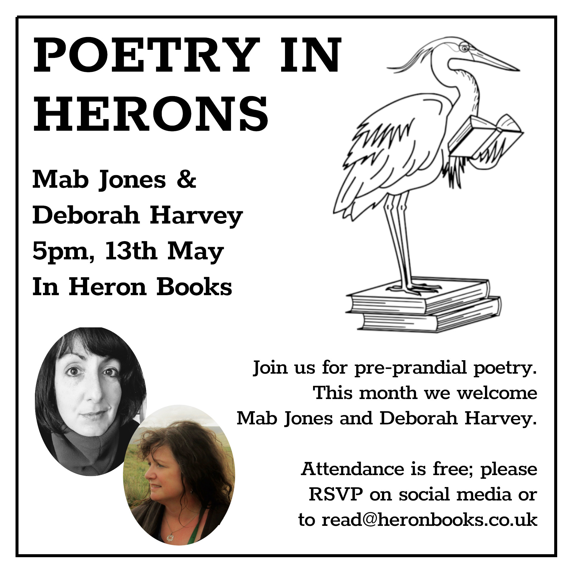 Poster for poetry reading by Mab Jones and Deborah Harvey in Heron Books on Saturday 13th May at 5pm